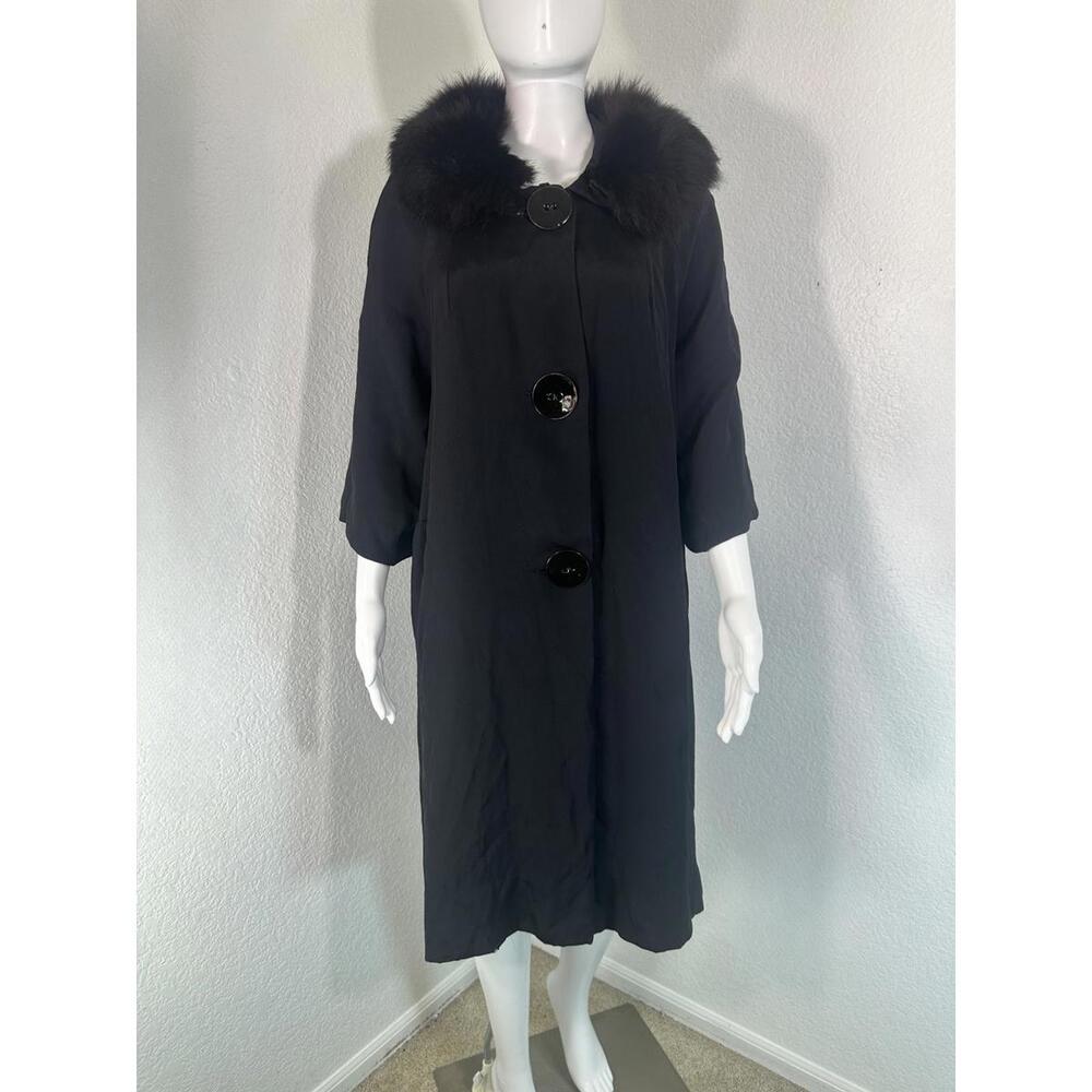 Vintage 1960s Sz M Black Swing Coat Fur Trim Union Made Lined Lightweight Retro